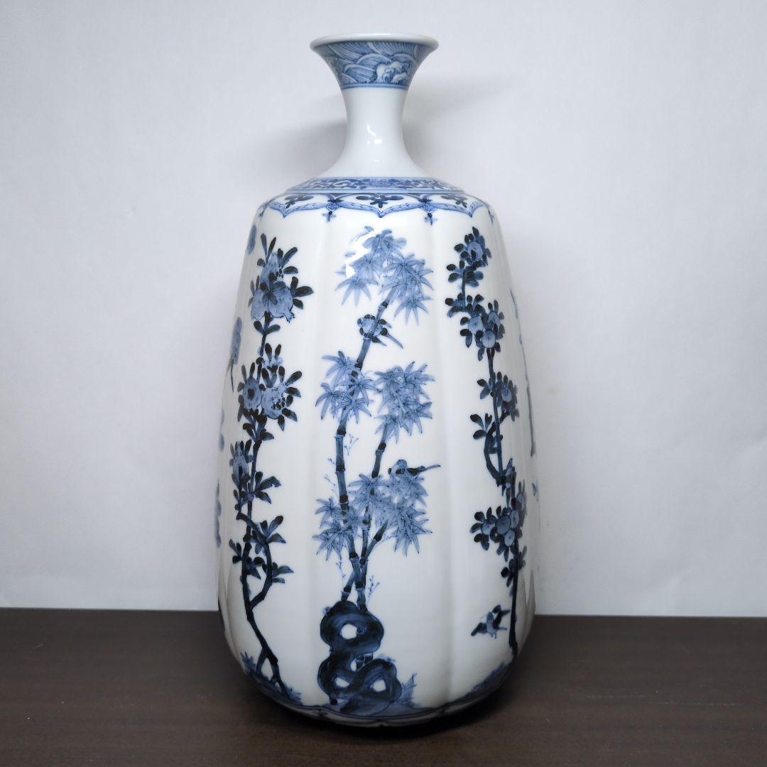 山本長左 作 九谷焼 青華 吉祥樹花紋 花瓶 「雅(みやび)」高さ約37cm