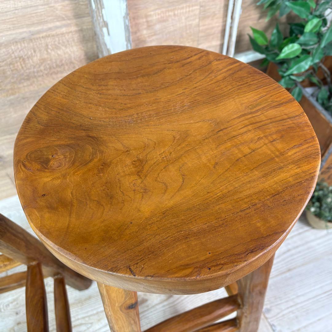 てら⭐︎オールドチーク天然無垢材丸ハイスツールカウンターチェア二点セット