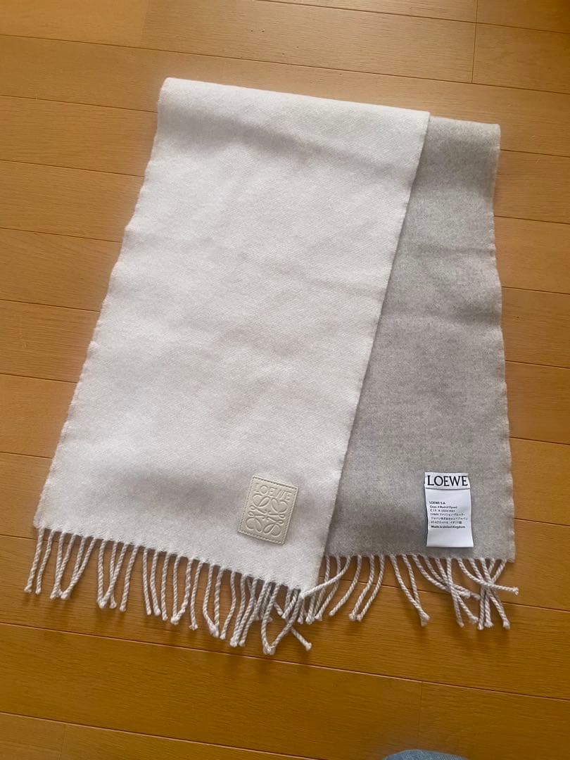 m　LOEWE バイカラーマフラー　グレー/アイボリー　ウール/カシミア