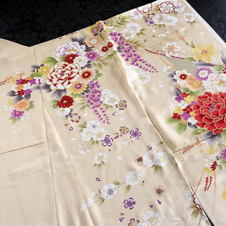 振袖セット オーダー仕立て 鳥の子色 ベージュ　牡丹　古典　成人式