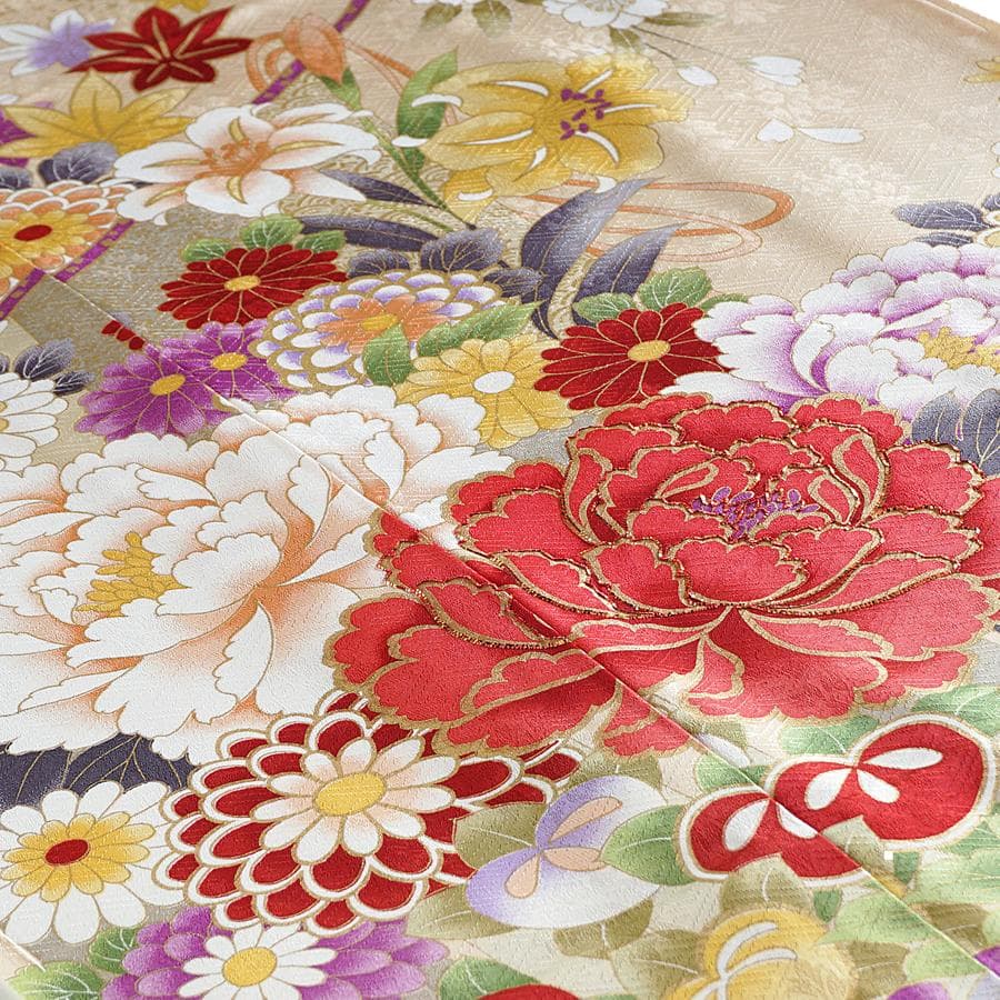 振袖セット オーダー仕立て 鳥の子色 ベージュ　牡丹　古典　成人式