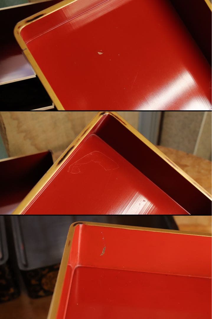 井上鷹の羽家紋　野弁当一式　時代漆芸　漆塗　金蒔絵　唐草　木製　提重