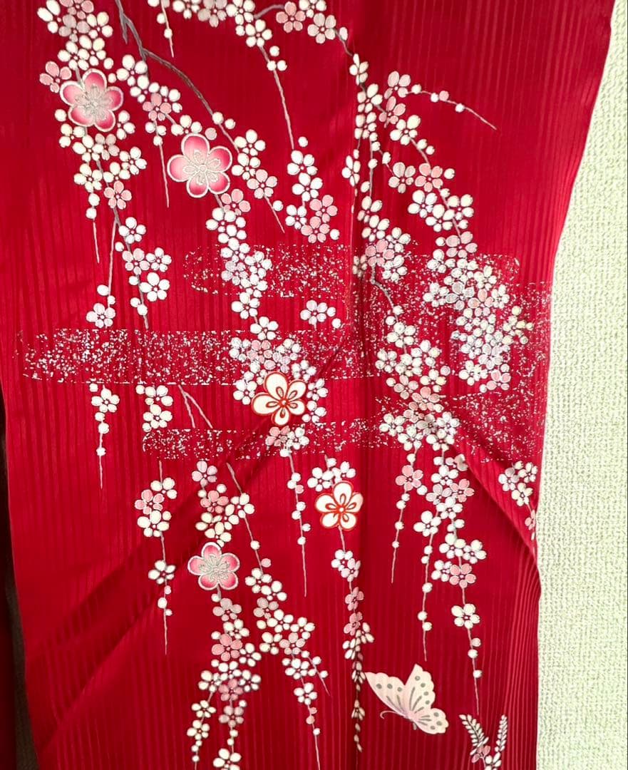 振袖一式 杉本幸田郎 振袖+帯3枚+長襦袢2枚 身丈150㌢ 赤 枝垂れ桜 箱付