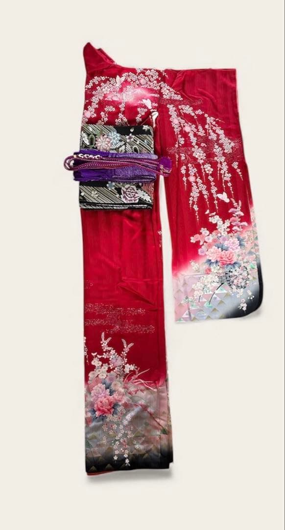 振袖一式 杉本幸田郎 振袖+帯3枚+長襦袢2枚 身丈150㌢ 赤 枝垂れ桜 箱付