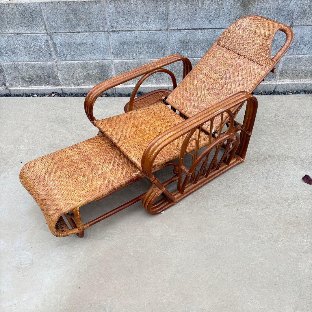 軽量3段リクライニング籐ラタン椅子スライドオットマン マガジンラック付