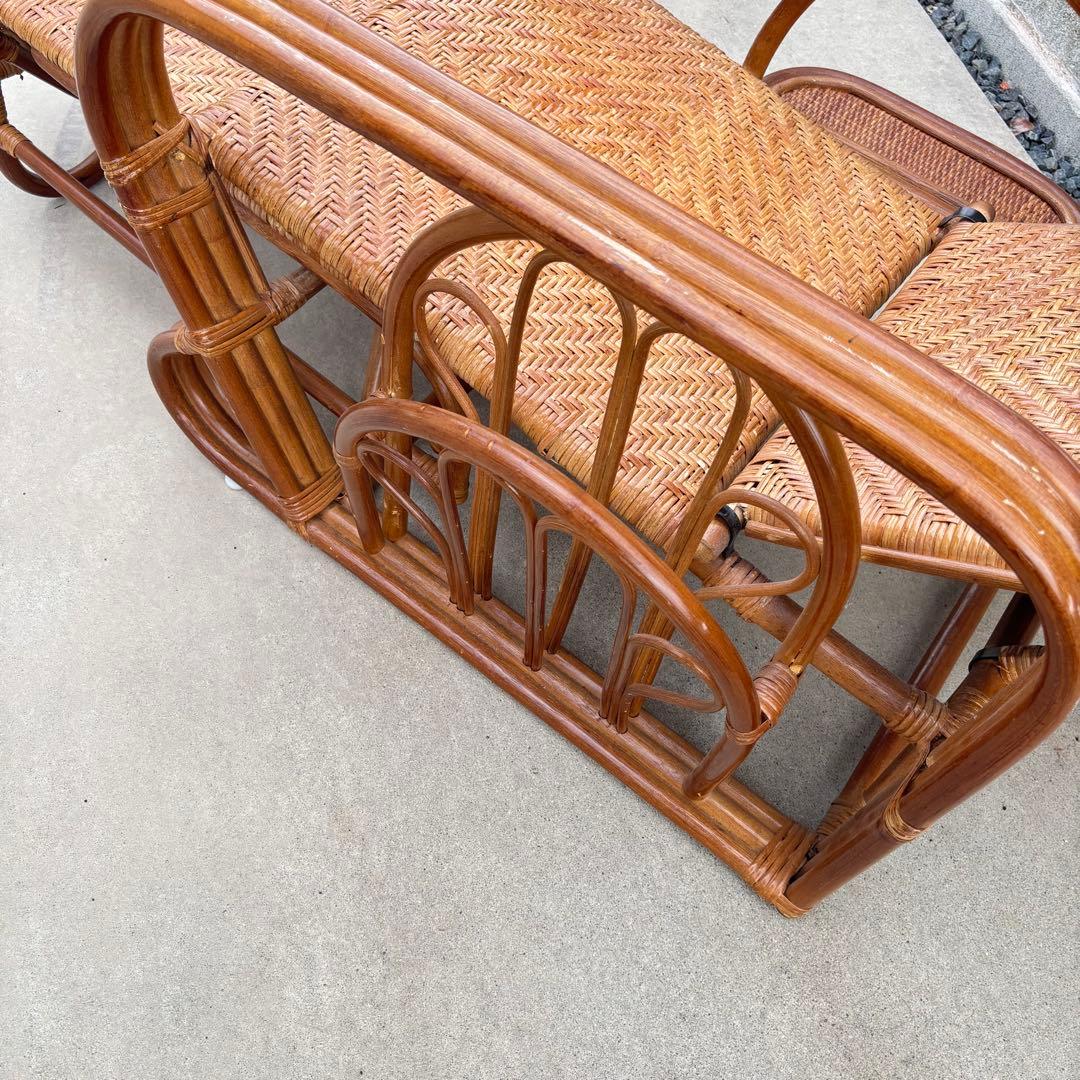 軽量3段リクライニング籐ラタン椅子スライドオットマン マガジンラック付