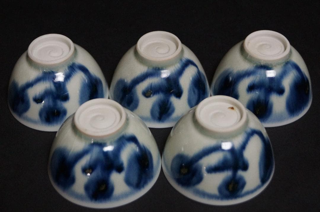 煎茶道具 古染付『鳥花図』煎茶碗五客セット/ 煎茶道具☆時代物☆4D0302