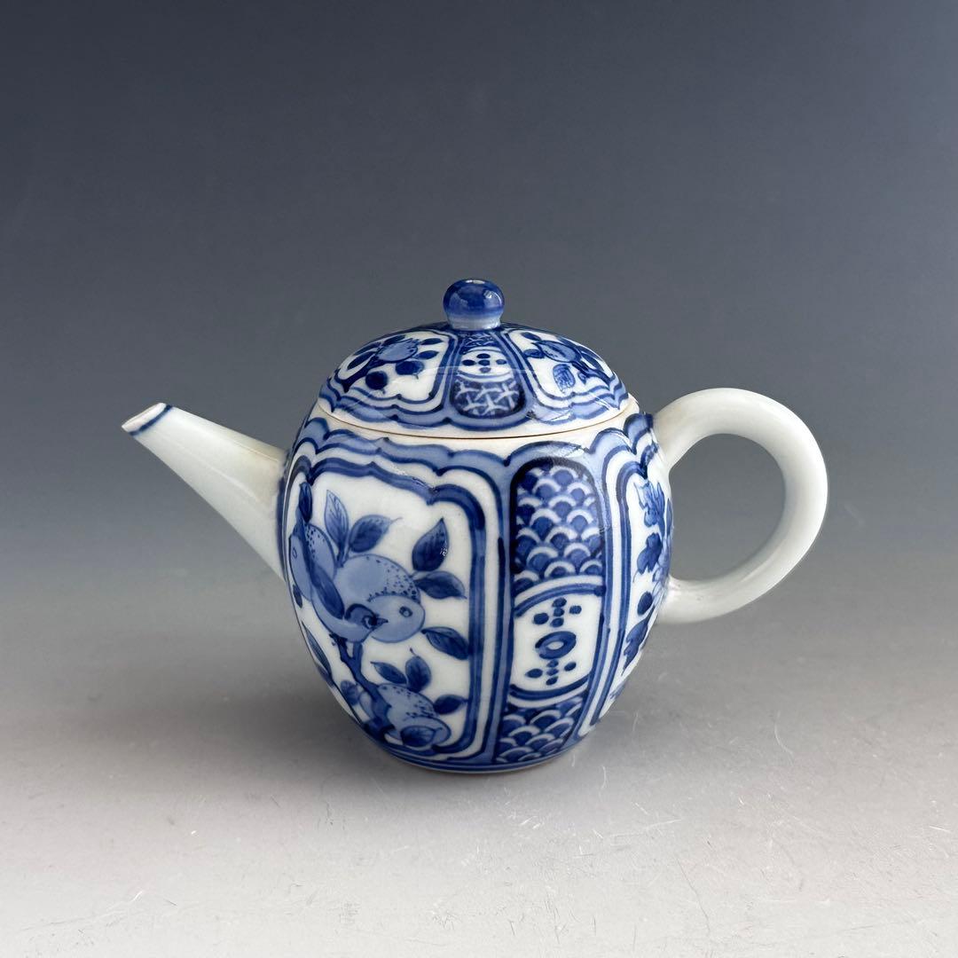 煎茶道具　青華花弁文　茶瓶　急須　初代　三浦竹軒　共箱　染付　京焼　茶器　茶会