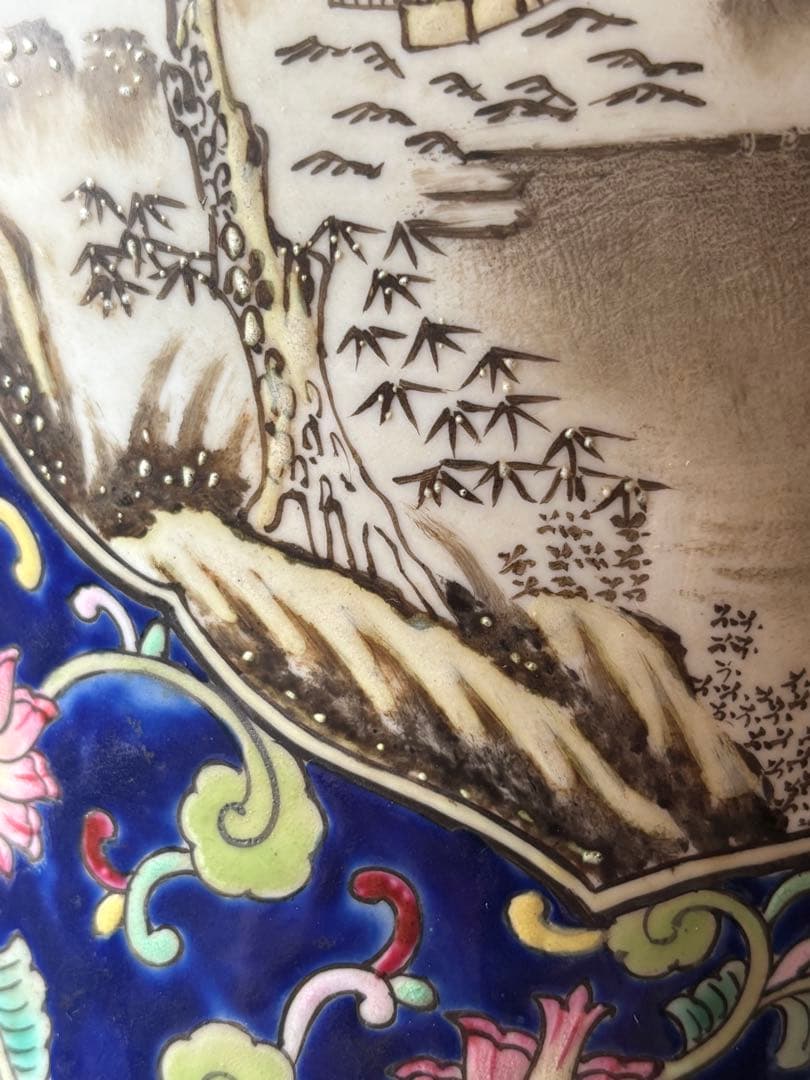 中国古美術 清末民国時代　粉彩大壺　大罐　開光山水風景文　高さ30cm