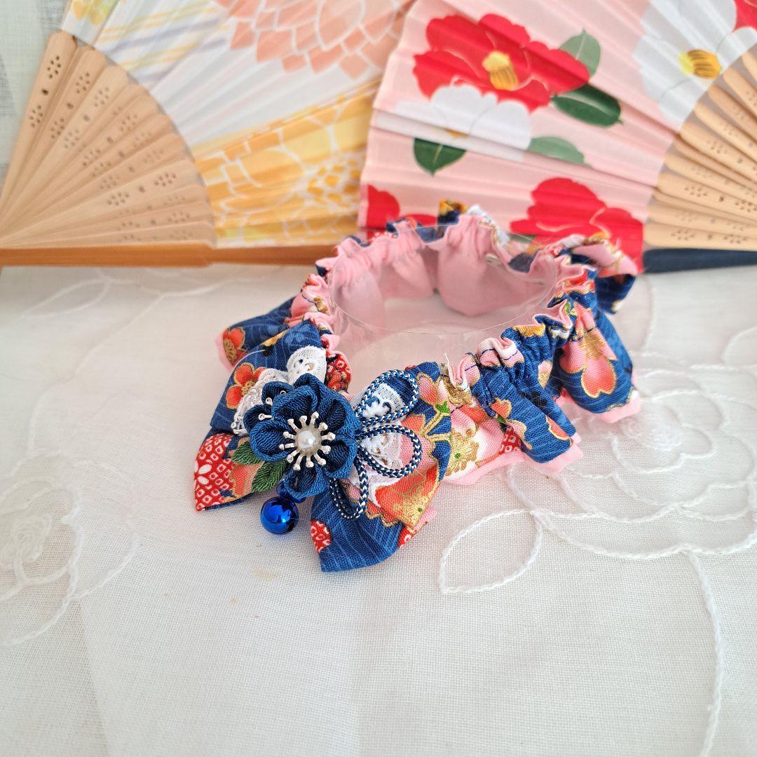 短毛シュシュ和風つまみ細工(青)わんちゃん猫ちゃん用