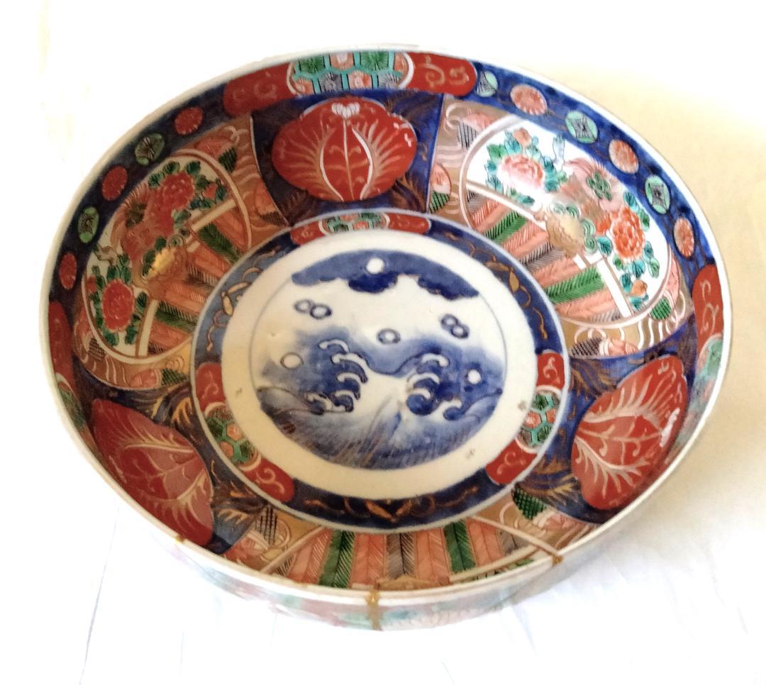 陶器 大深鉢(小) 荒波に獅子・牡丹・鳳凰 色絵 二重鉢揃い Ab-319