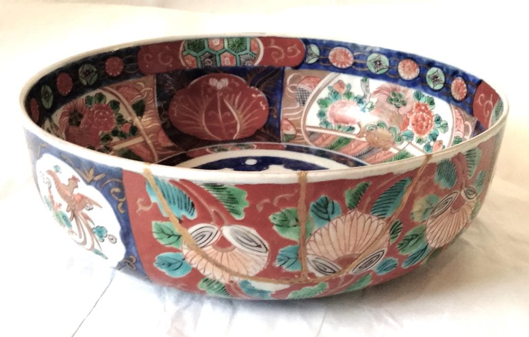 陶器 大深鉢(小) 荒波に獅子・牡丹・鳳凰 色絵 二重鉢揃い Ab-319