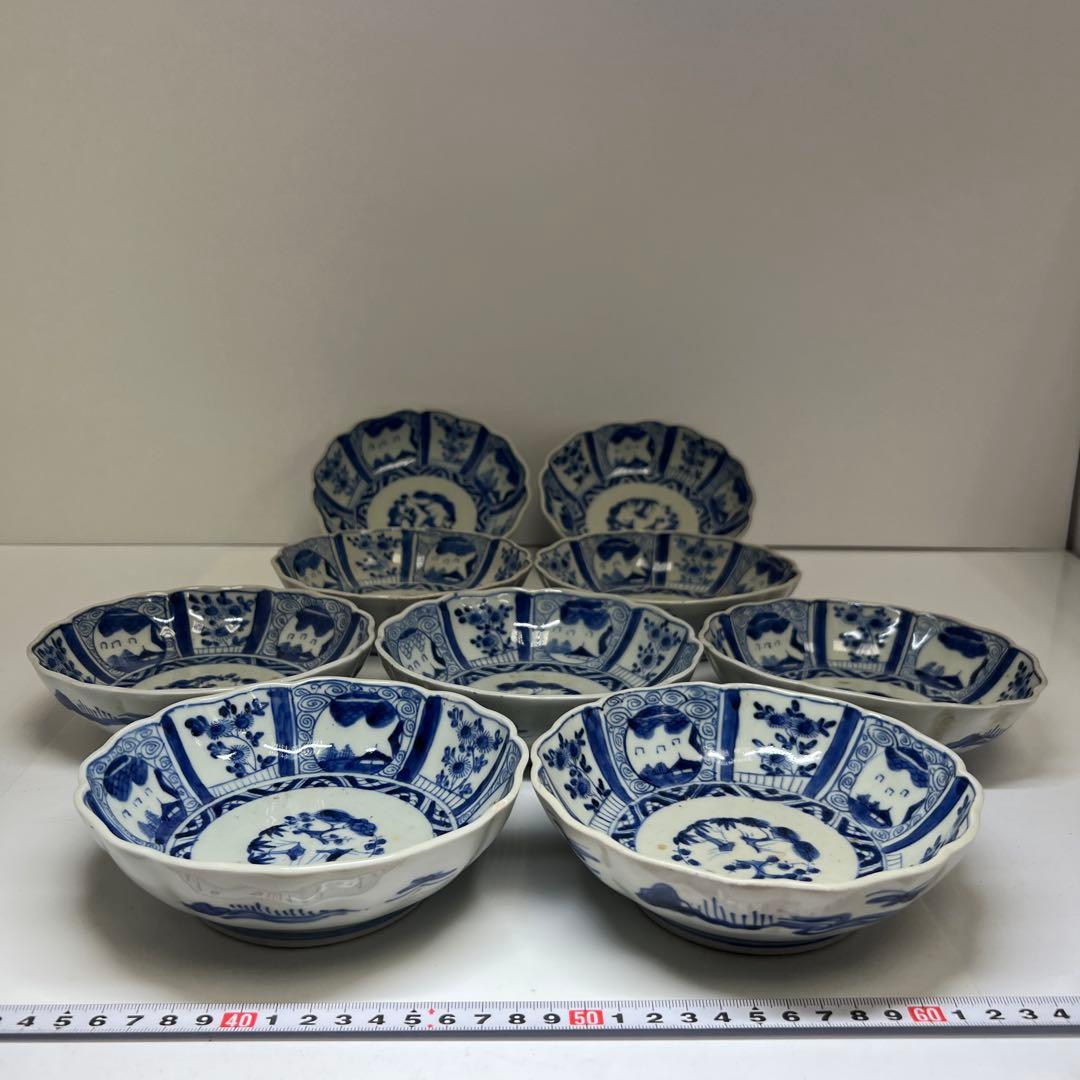 古伊万里　輪花染付膾皿9客　木箱付　幅約15.5㎝　東Y7-0924⑤タサチ