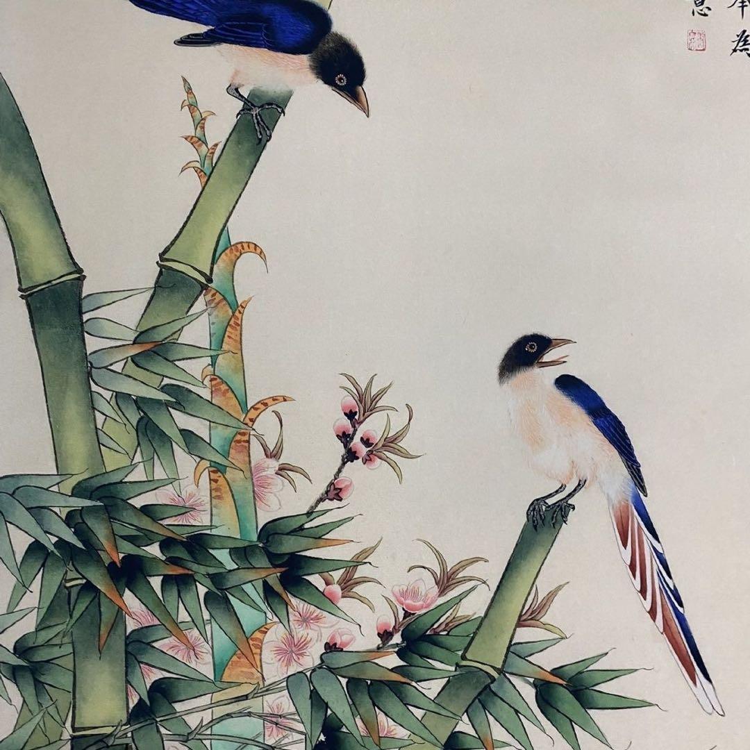 四尺 中堂 花鳥画 青竹綬帯図 唐寅風 宣紙 表装済み 防伪証明書付