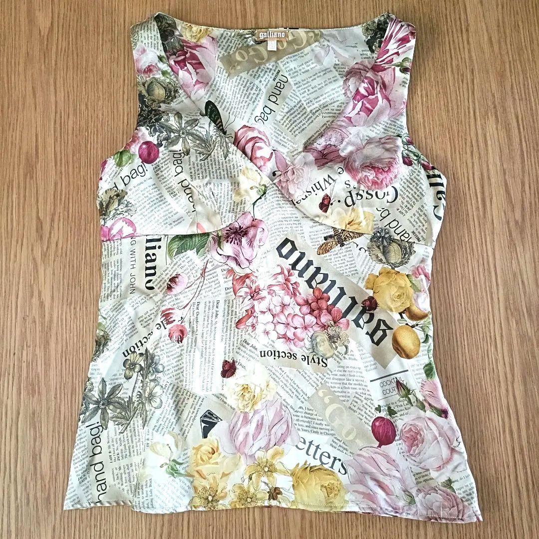 ガリアーノ GALLIANO ニュースペーパー 花柄 プリント タンクトップ　絹