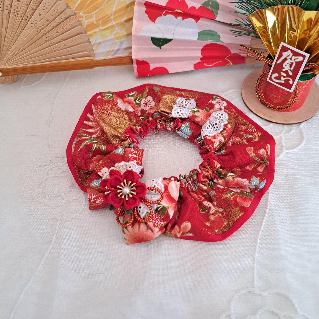 幅広シュシュ、和風妻み細工(赤③)わんちゃん猫ちゃん用