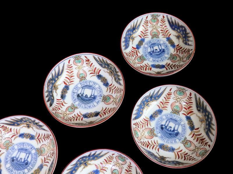 古伊万里　染錦　龍に赤壁の賦図　５枚　250AS-CXr