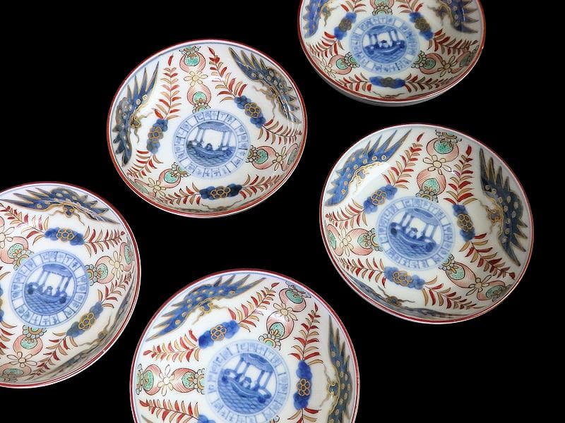 古伊万里　染錦　龍に赤壁の賦図　５枚　250AS-CXr