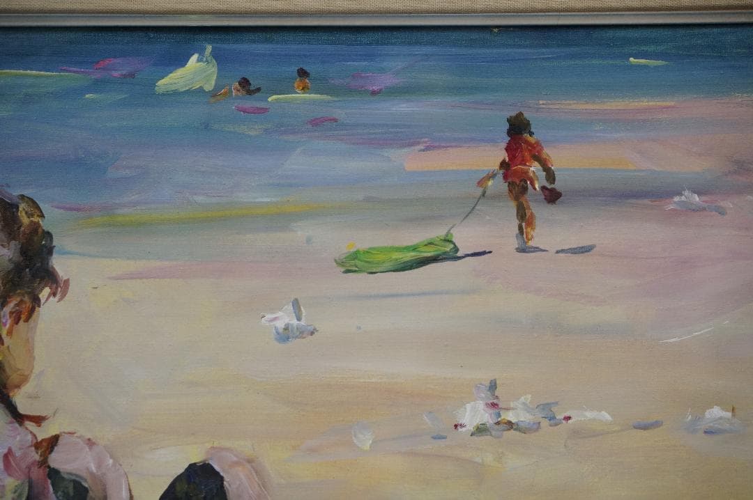 ホンビン・ヅォーHongbin Zhao砂浜で◆油彩◆額装◆直筆サイン◆箱付