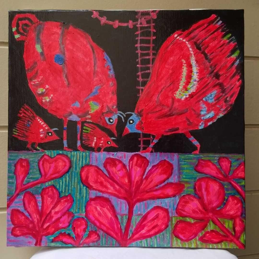 油絵　専用　赤い鳥の家族と赤い花