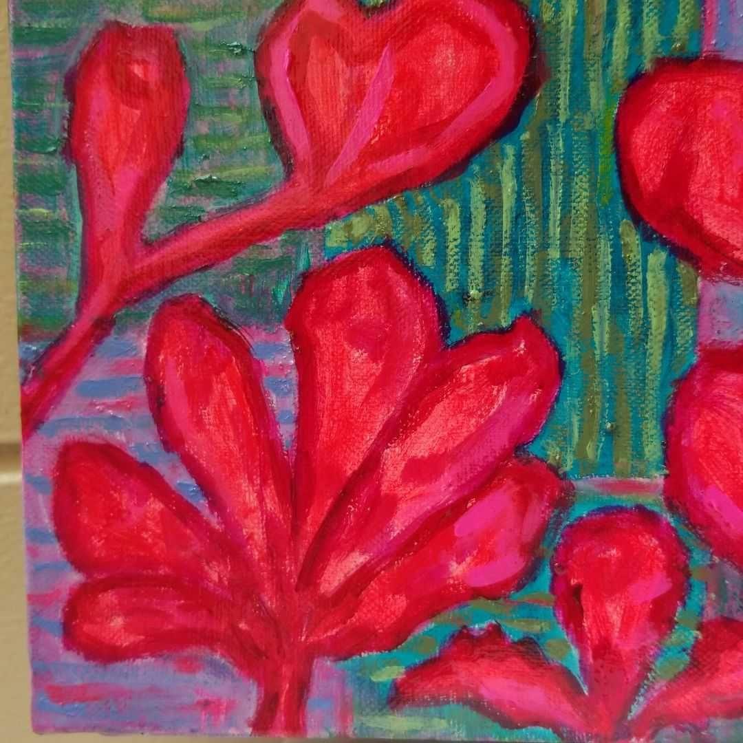 油絵　専用　赤い鳥の家族と赤い花