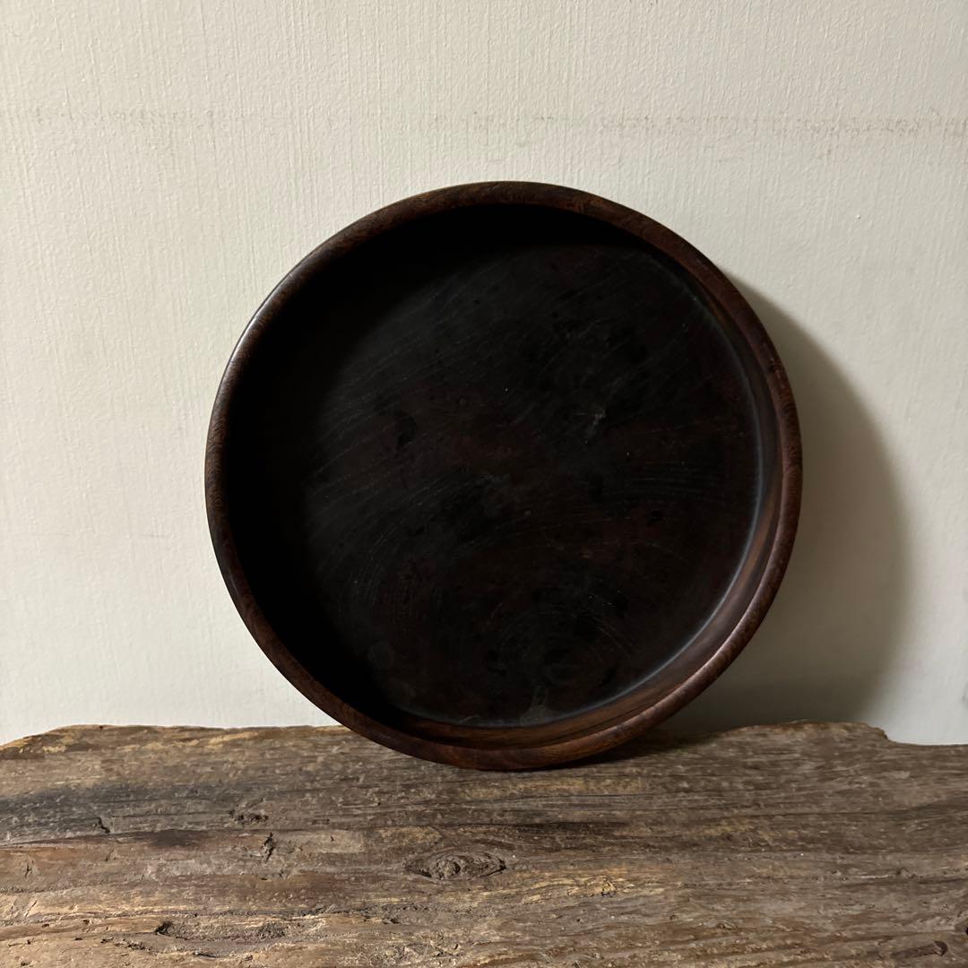 古い木地盆⑨ 丸盆　古民芸　アンティーク　くり抜き盆　酒器　煎茶　骨董　検:李朝