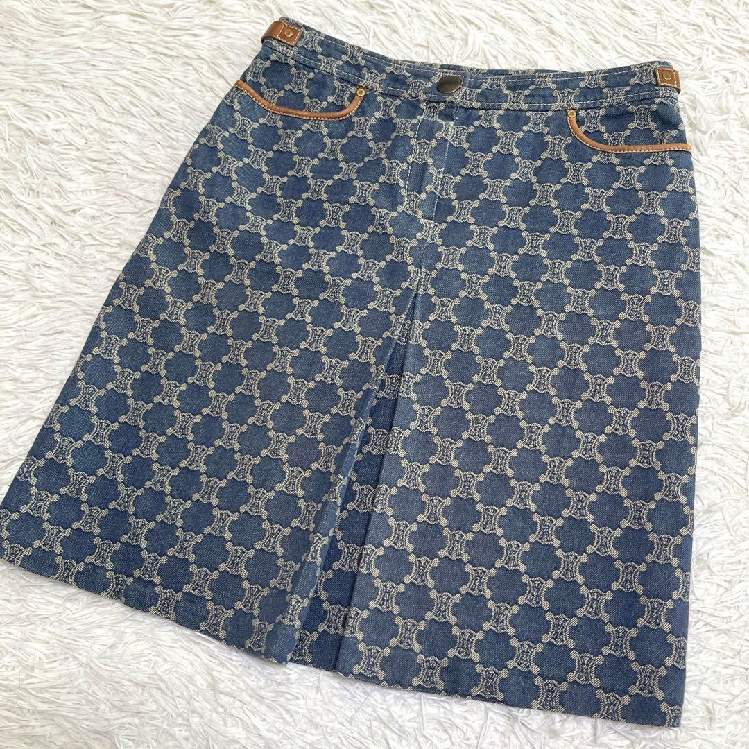 【稀少サイズ 42】セリーヌ デニムスカート マガダム ボックスプリーツ ブルー