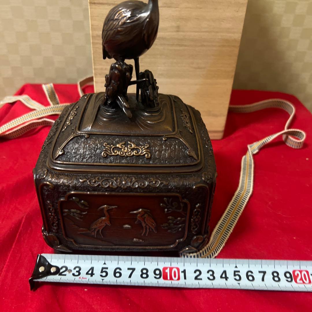未使用品　蝋型鋳銅香炉 共箱 銅製 鷺花鳥文 供箱