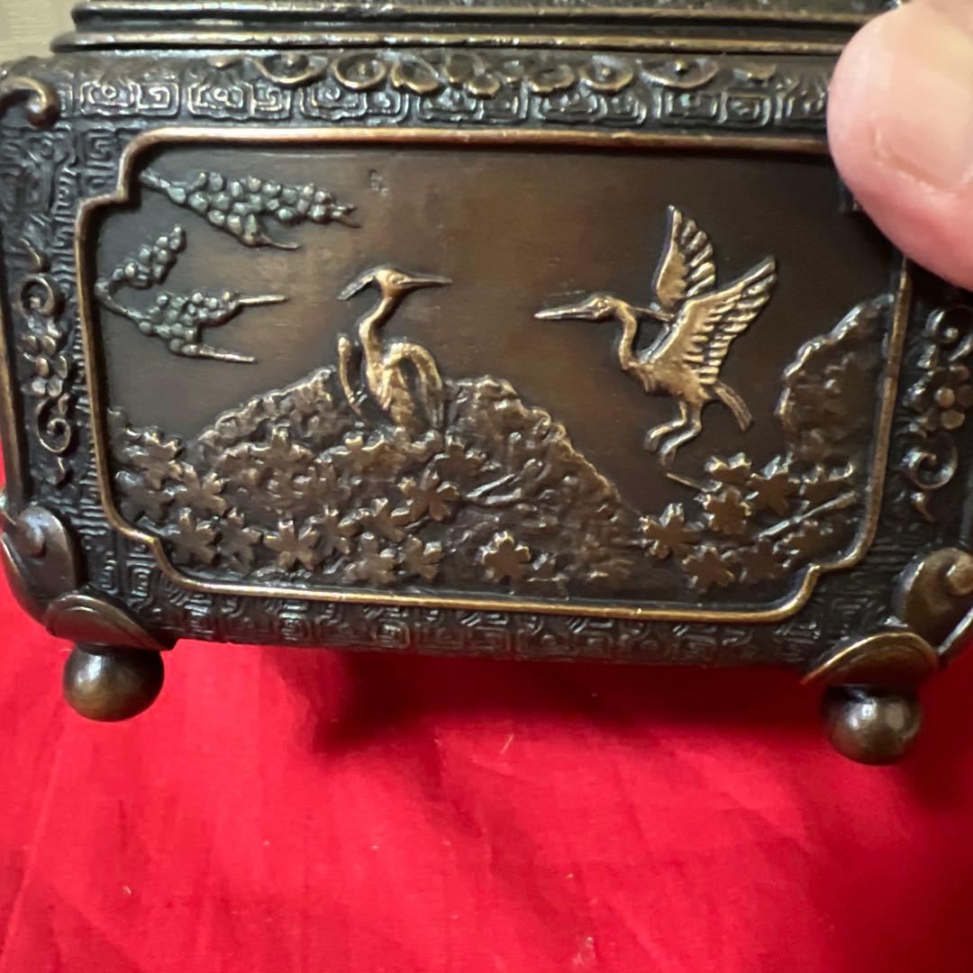 未使用品　蝋型鋳銅香炉 共箱 銅製 鷺花鳥文 供箱