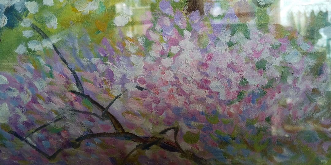絵画 油絵 ワベ・シゲヨシ 春の花　真作保証　油彩画　桜　スプリング