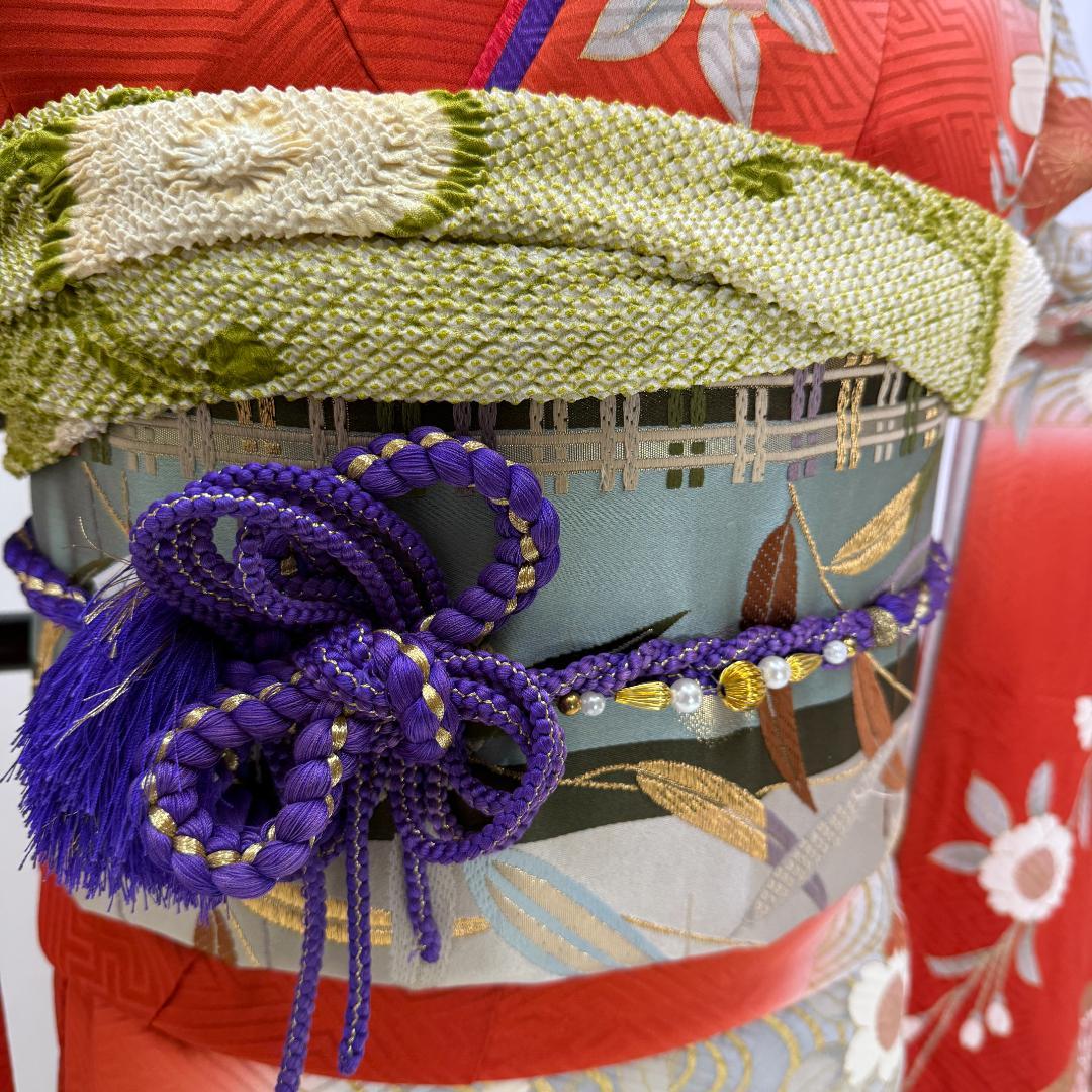 振袖フルセット 朱色 グレー 成人式 草履バック付 裄66cm S-211