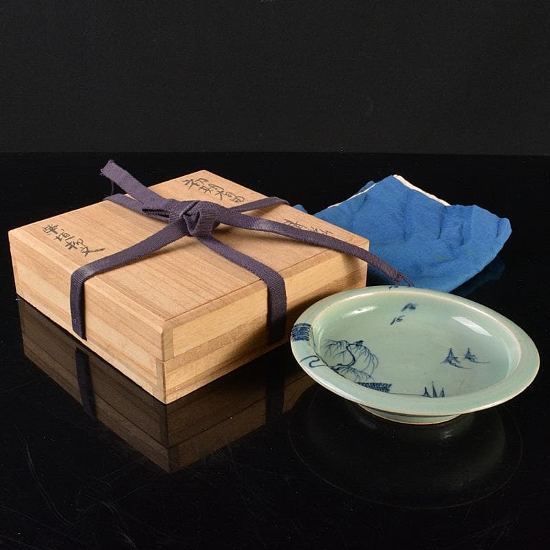 有田焼　初期有田　鍋島青磁　柴垣柳文鉢　高足皿　時代箱付　V　R6606