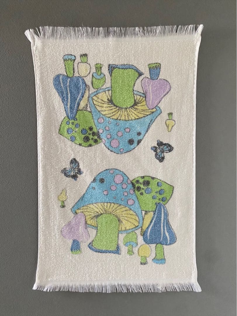 ビンテージ 70s USA きのこ 蝶々 レトロインテリア ハンカチ タオル 飾