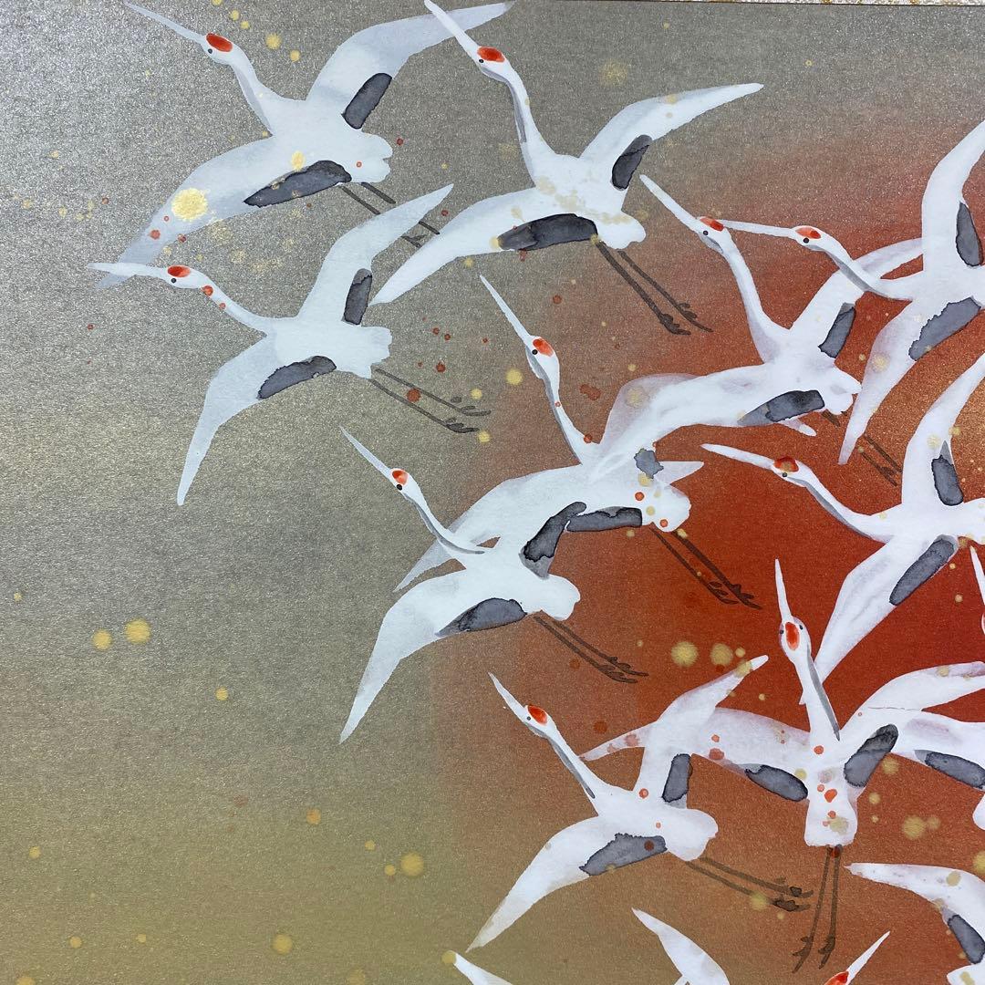 美品 掛け軸 稲葉長生作 金地 舞鶴図 共箱 縁起物 日の出 太巻き付