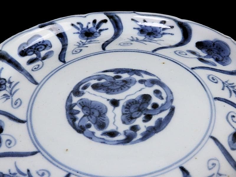 古伊万里　染付　なずな紋　霊芝紋の図　６寸皿　E611 AS-CQo