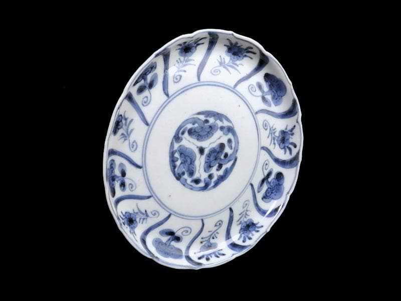 古伊万里　染付　なずな紋　霊芝紋の図　６寸皿　E611 AS-CQo