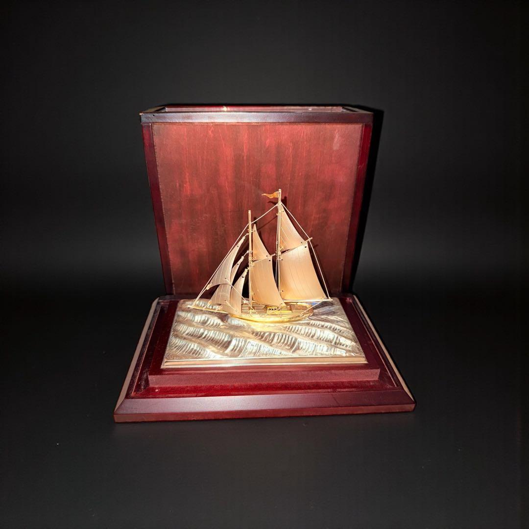 純銀シルバー985刻印/銀製ヨット2本マスト置物/オブジェ/銀船