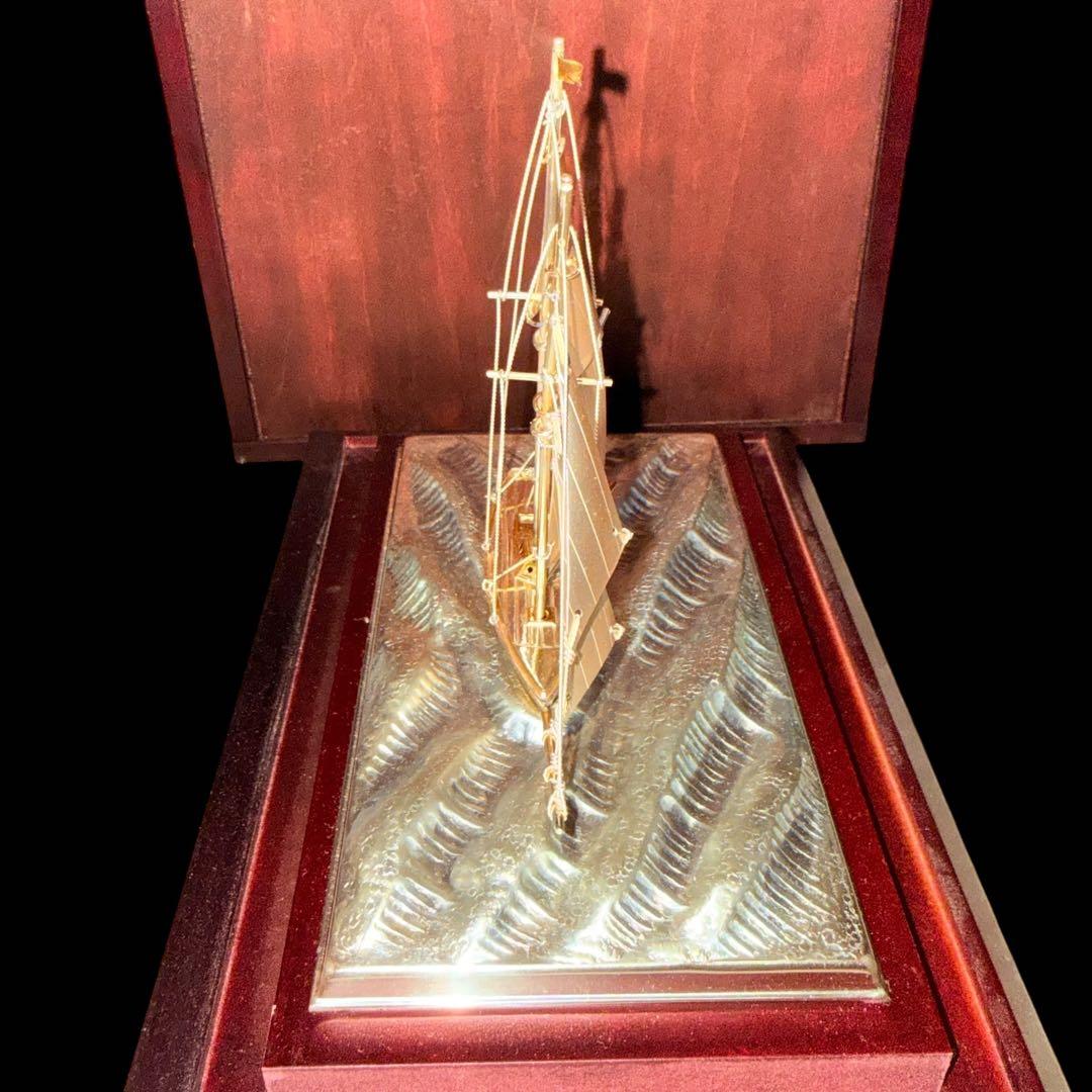 純銀シルバー985刻印/銀製ヨット2本マスト置物/オブジェ/銀船