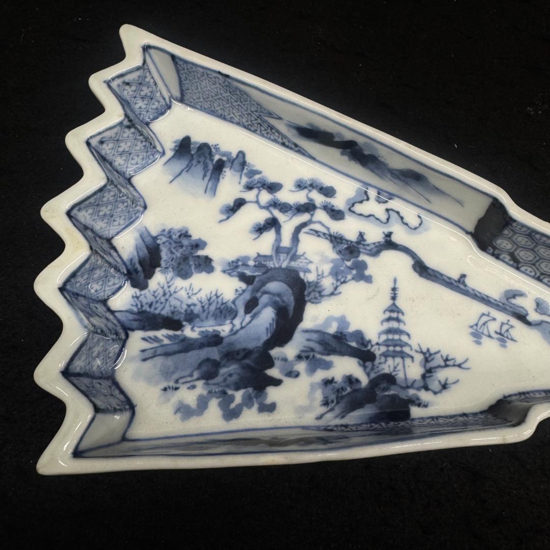 大日本永楽造　染付山水絵　半開き扇子型向付5点　骨董　アンティーク