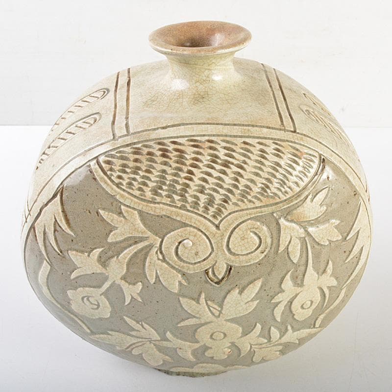 中国　磁州窯　白磁　掻落し　花文　扁壷　M　R7387F