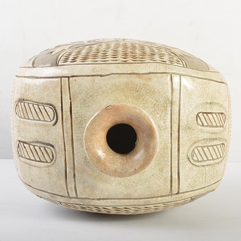 中国　磁州窯　白磁　掻落し　花文　扁壷　M　R7387F