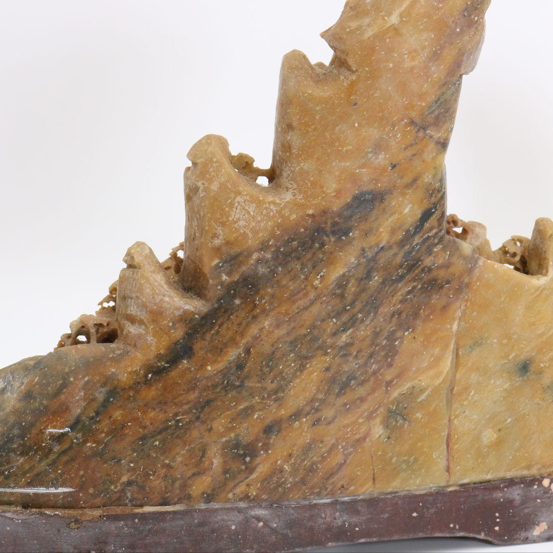 玉石蝋石青田石 楼閣山水雕 中国 床飾 置物　V201