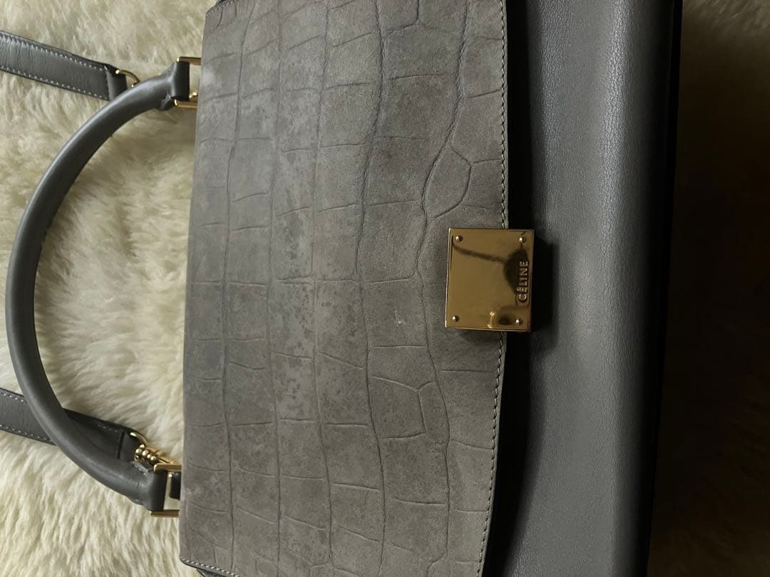 CELINE セリーヌ 型押し トラペーズ ミディアム グレー ゴールド金具