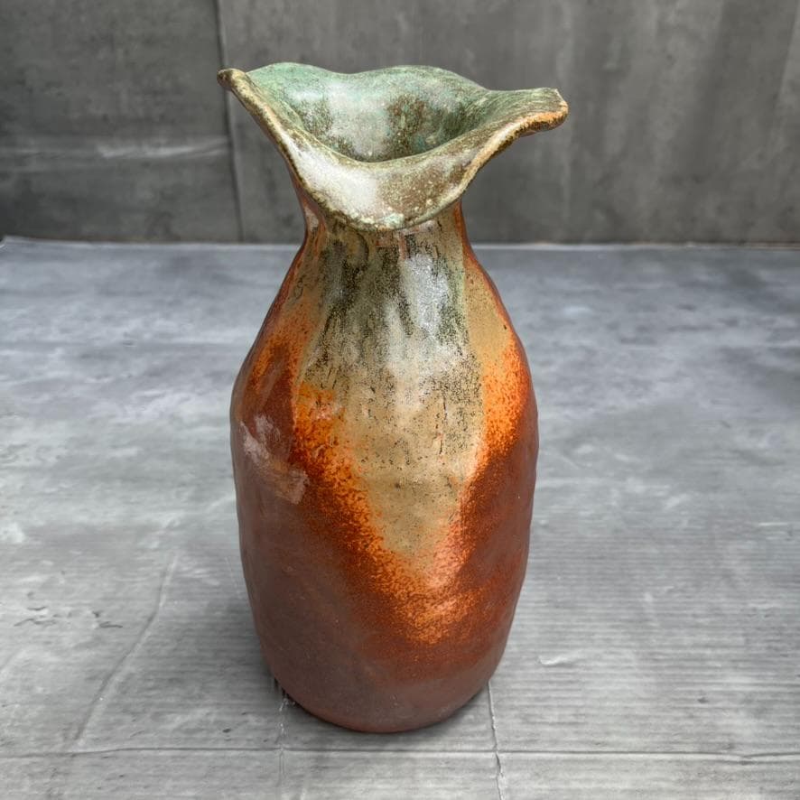 【備前焼】矢部篤郎 1点モノ 希少 花瓶 一輪挿しオレンジ 緑 陶芸品 陶器