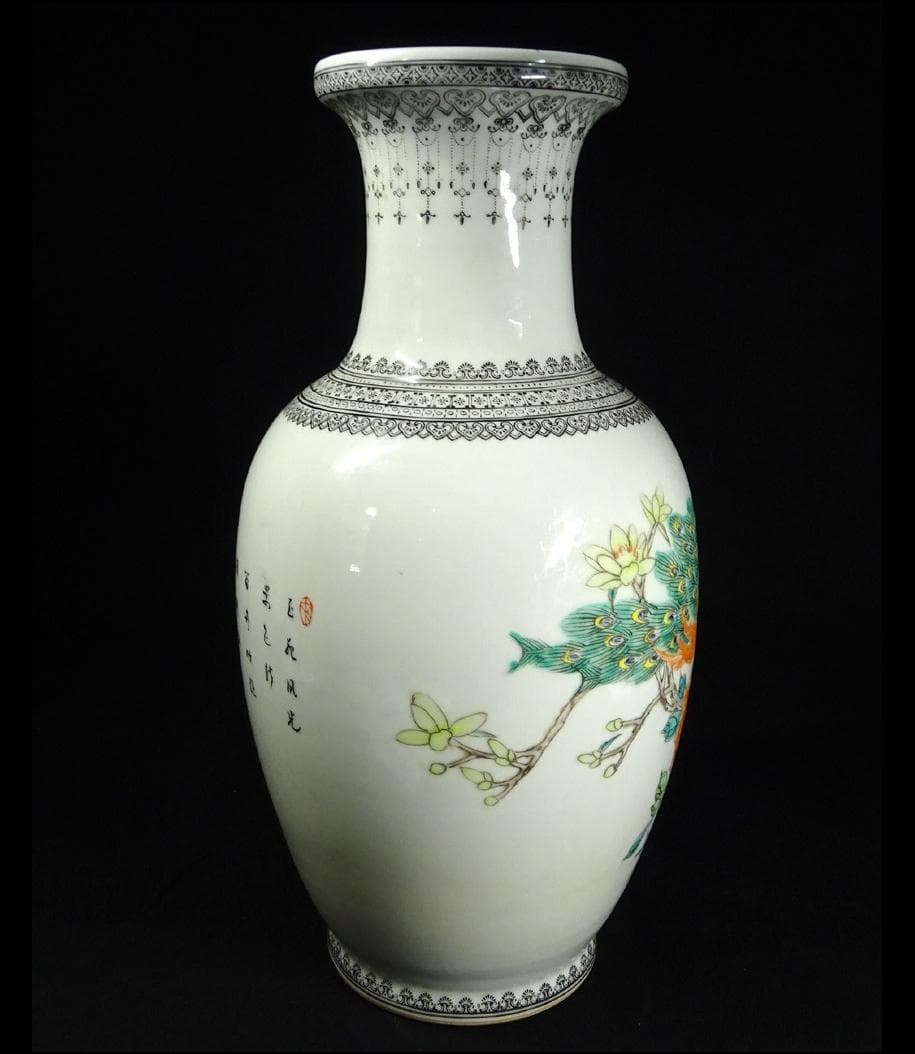 中国古玩 景徳鎮製 孔雀漢詩文大花瓶 高約36cm 時代物 粉彩 c100902