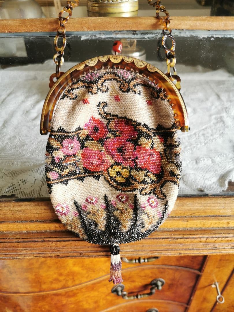 アンティーク マイクロベビービーズ花刺繍レース編巾着バッグ アールヌーボー