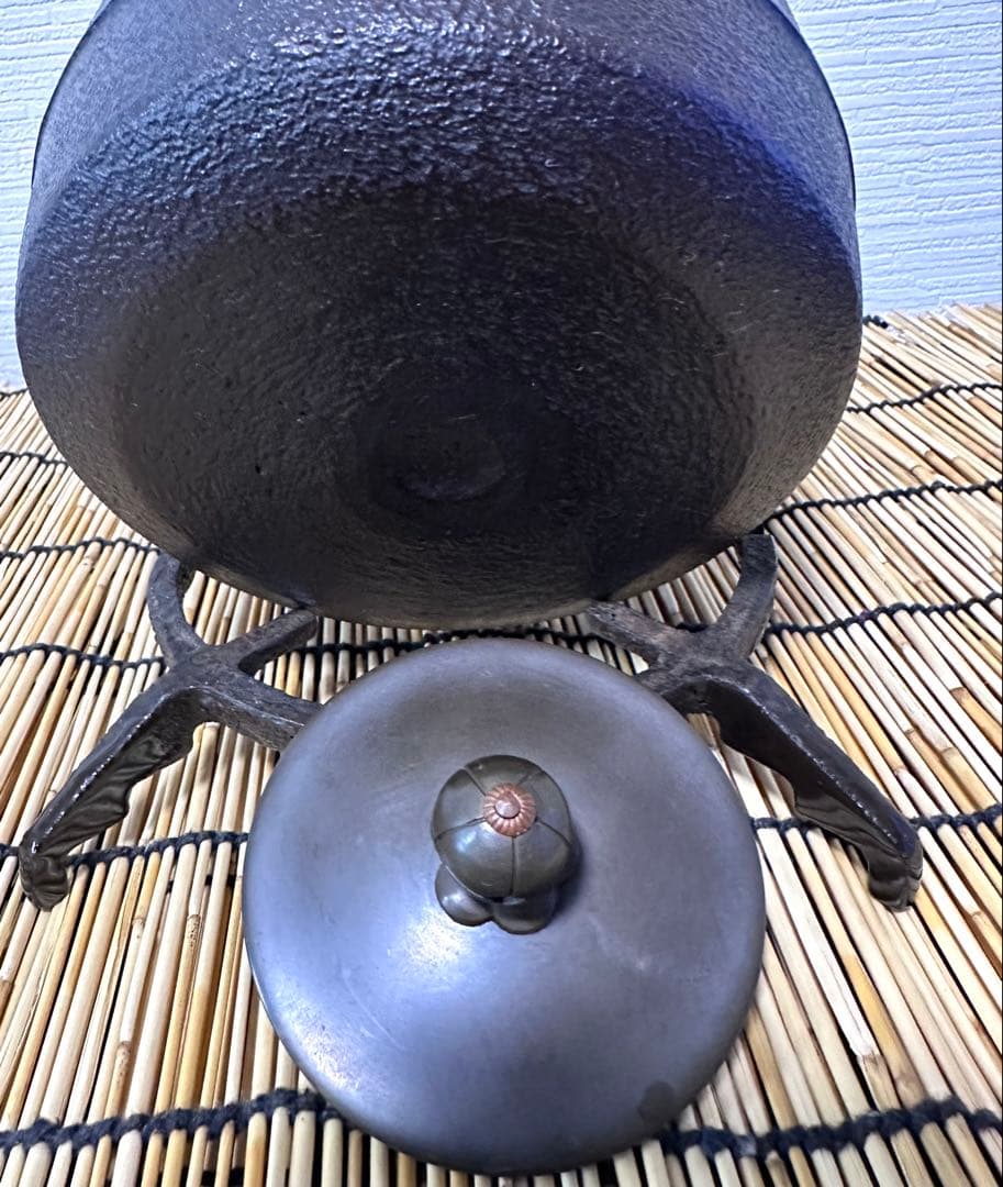 未使用、山形水沢 伝統工芸士 菊池 政光作 飾銅蓋 南部鉄瓶　南部鉄器　鉄瓶