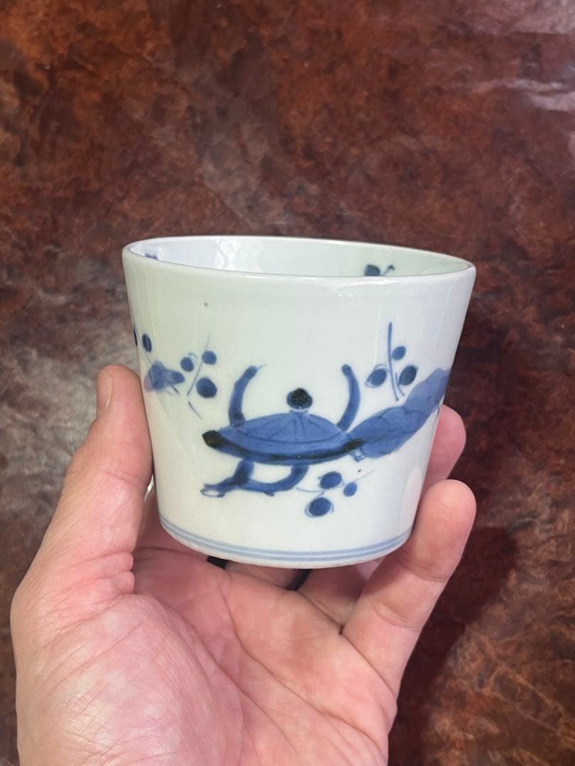 古伊万里　蕎麦猪口　そば猪口　兜　梅　鳥　染付