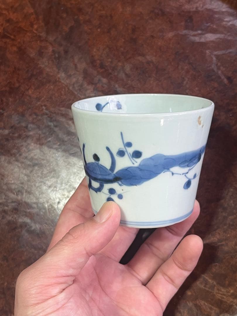 古伊万里　蕎麦猪口　そば猪口　兜　梅　鳥　染付