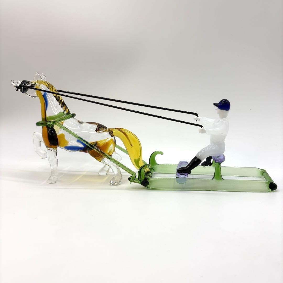 ガラス工芸 馬と騎手 ソリを操るオブジェ インテリア置物 ガラス細工